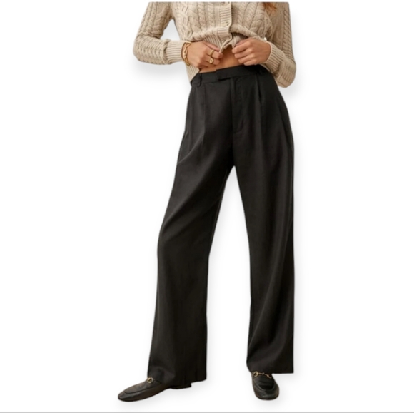 Reformation Earl Relaxed Pleated Wide Leg Trousers Sz 10 Linen Blend Black - Picture 3 of 17